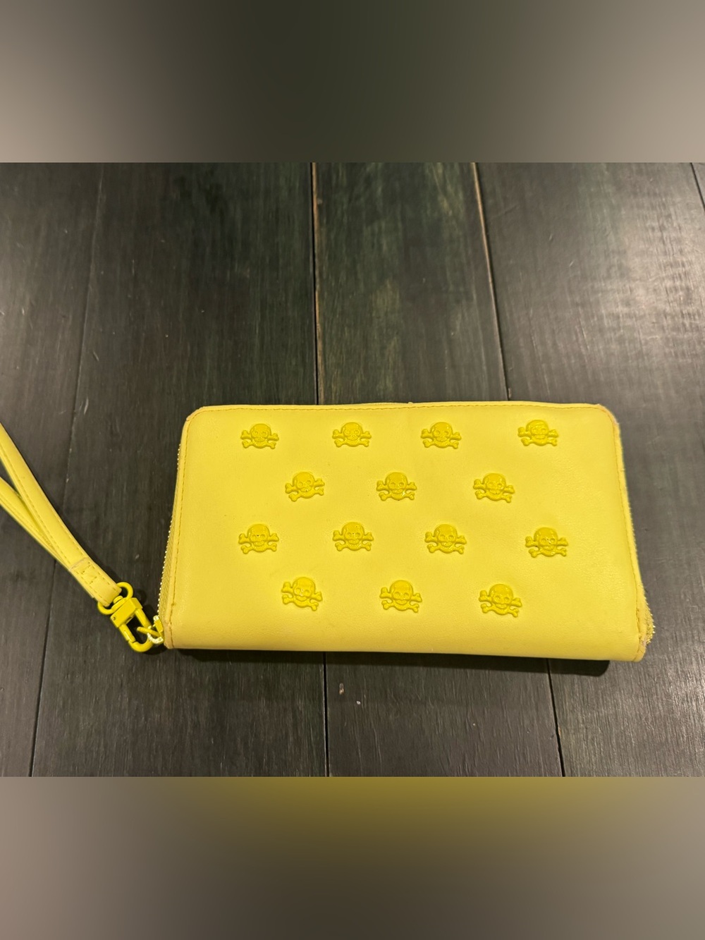 Betsey Johnson neon citron skull studded wristlet wallet